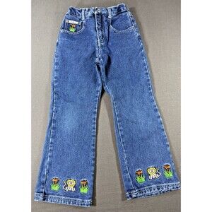 Vintage RVT Jeans Girls Sz 6 Blue Denim Embroidered Lion Animals Pants Youth